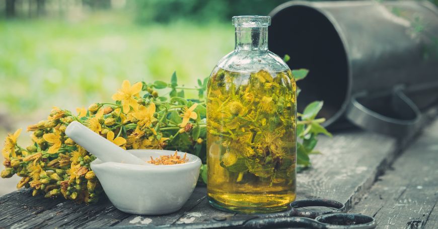 infusión de hipérico en una botella con flores de hipérico al lado